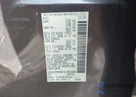 2017 Nissan Murano Sl из США, поврежденный, VIN 5N1AZ2MH9HN120380